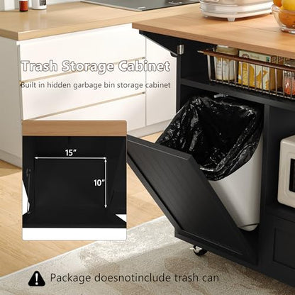 Einhomn 65" Kitchen Island with Drop Leaf, Mobile Island Table for Kitchen with Trash Can Storage, Black - style: Black