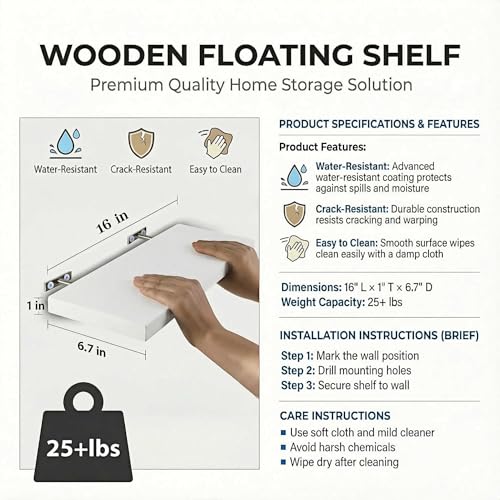 SAUMONIERES Floating Shelves Wall Shelf Solid Wood for Bathroom Bedroom Kitchen Set of 3, White Wall Shelves - color: White, size: 16 Inch-3 shelves