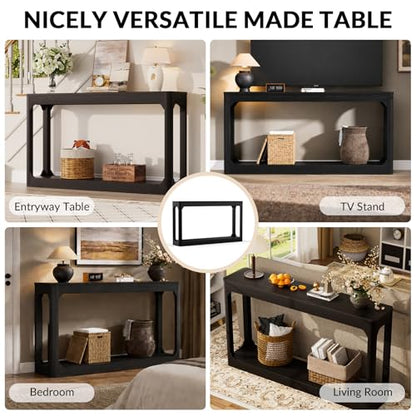 55.1" Console Table, Entryway Sofa Table for Hallway, Black | Engineered wood, Slim console table, curved legs, 2-tier storage, entryway hallway sofa living room - color: Black