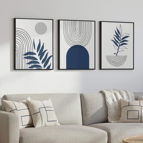Framed Blue Boho Wall Art for Room Decor, 3 Piece Botanical Line Artwork for Walls, Mid Century Modern Blue Canvas Pictures Prints for Living Room Bedroom Hallway Office Apartment Wall Decor, 12x16 In - color: Black and Blue