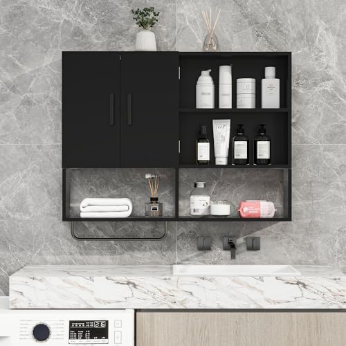 Bathroom Wall Cabinet with Towel Bar & 2 Doors, Black - color: Black