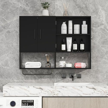 Bathroom Wall Cabinet with Towel Bar & 2 Doors, Black - color: Black