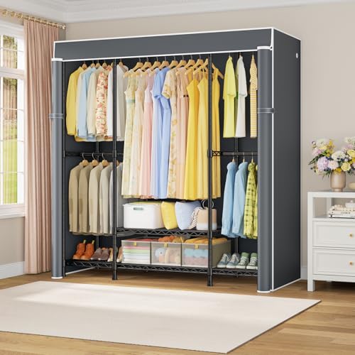 E3C Black Clothes Rack with Gray Cover, Heavy Duty Garment Rack | Freestanding Metal Closet System Storage Organizer for Clothing, Clothing Rack Holds up to 850 lbs, 59.5"W x 16.5"D x 77.4"H - color: Black Rack with Gray Cover