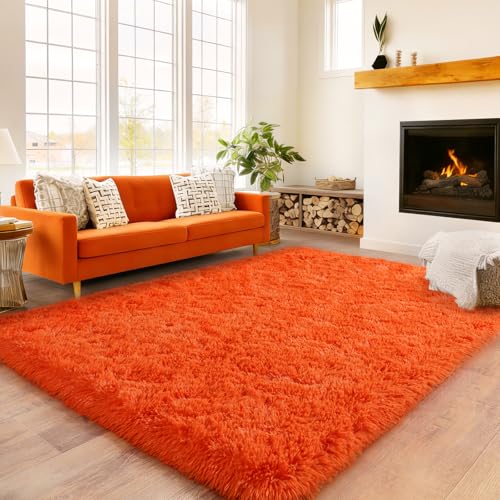 5x7 Area Rug for Living Room Bedroom, Orange Ultra Fluffy Shag Area Rugs | Upgrade Anti-Skid Durable, High Pile Soft Rug Fuzzy Carpet for Living Room Bedroom Kids Girls and Boys Room Dorm Home Decor - color: Orange, size: 5' x 7' (Rectangular)