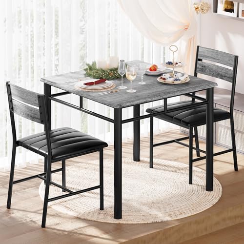 IRONCK Dining Table Set for 2, Gray | Small Kitchen Table with Upholstered Chairs, Compact Dining Set for Small Spaces, Kitchen & Dining Room - color: Grey