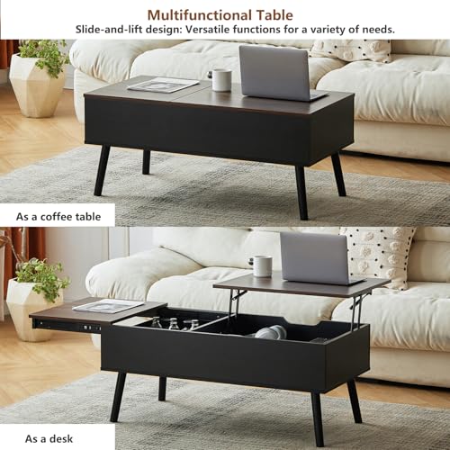 Lift Top Coffee Table with Storage for Living Room, Walnut Black | Large Hidden Compartments, Lifting Top, Slide Desktop, Modern Wooden Coffee Tables, for Home Office