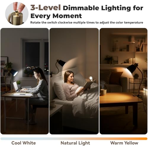 Desk lamp Eye-Caring Table Lamps, 360°Rotation Gooseneck Clip on Lamp Reading Light, Portable Reading Book Light, Clamp Light, Study Desk Lamps for Bedroom and Office Home Lighting (Black and Gold) - color: Black and Gold