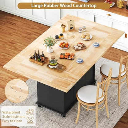 62.8 INCH Rolling Kitchen Island Cart with Double Drop Leaf, Small Mobile Kitchen Cart on Wheels, Folding Kitchen Island with Large Tbletop, Adjustable Shelves for Dining Room - color: Black