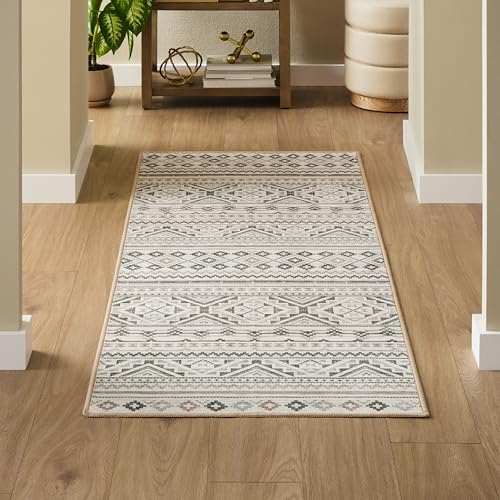 Haven Modern Geo Machine Washable Area Rug with Airflo Technology for Easy Clean, Ultra-Soft Non-Slip Rug with Built-in Pad, Pet, Family & Allergy Friendly Rug, Beige/Brown, 2'6"x7' - color: Beige/Brown Geo Stripe, size: 2'6" x 6'11" (Rectangular)