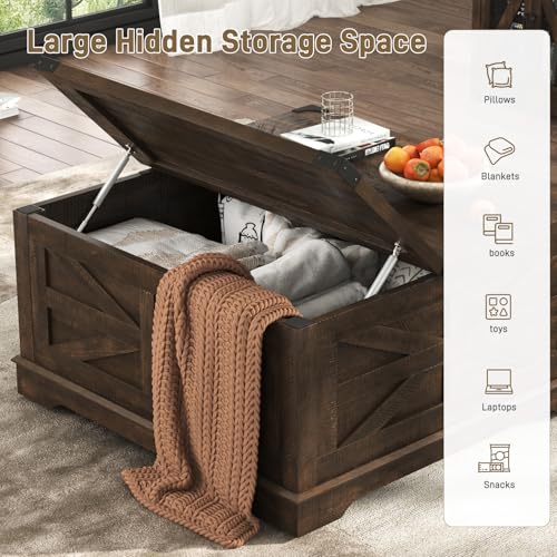 Hlivelood 36" Farmhouse Movable Lift Top Coffee Table with Storage and Power Outlets, Square Wood Living Room Tables with Wheels&Large Hidden Space, Lift Wooden Barn Door Center Table, Brown - color: Brown