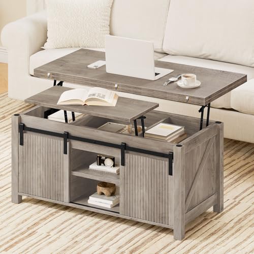 Lift Top Coffee Table, 4 in 1 Convertible Coffee Table, Farmhouse Coffee Tables, with Hidden Compartments, with Sliding Doors, for Living Room, Apartment, Greige MKF01FH - color: Greige