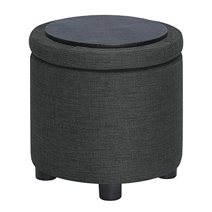 Designs4Comfort Round Accent Storage Ottoman with Reversible Tray Lid - color: Dark Charcoal Gray Fabric