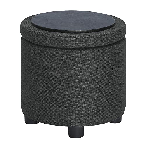 Designs4Comfort Round Accent Storage Ottoman with Reversible Tray Lid - color: Dark Charcoal Gray Fabric