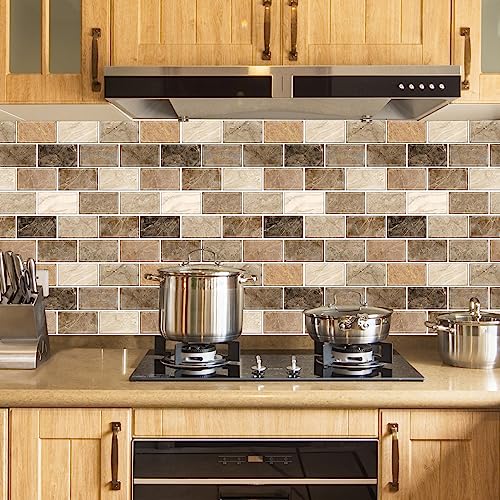 URCOLOR 10-Sheet Stick on Backsplash for Kitchen,12"x12" Peel and Stick Self Adhesive Wall Tiles Back Splashes for Bathroom Brown Marble Look - color: Brown Marble