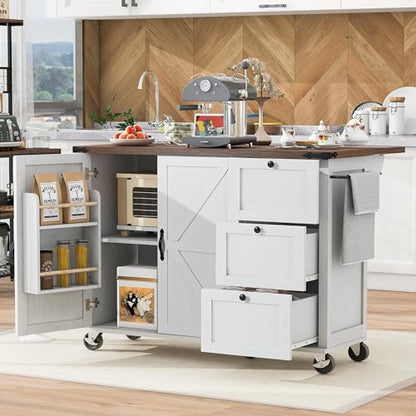 54.5”Farmhouse Kitchen Island Cart with Power Outlet, White | Rolling Kitchen Island, Drop Leaf, Power Outlet, USB Ports, Barn Doors, 2-Tier Storage, Spice Rack, 5 Lockable Wheels - color: White-54.5"