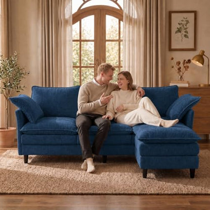69 Inch Small Sofa Couch with Ottoman, L Shape Sectional Couch 3 Seats with Cloud 2 Layer Cushion, 22.8” Deep Seat, Washable Pillows for Small Spaces, Living Room, Apartment, Office, Chenille, Blue - color: Blue, size: 3-Seat with Ottoman
