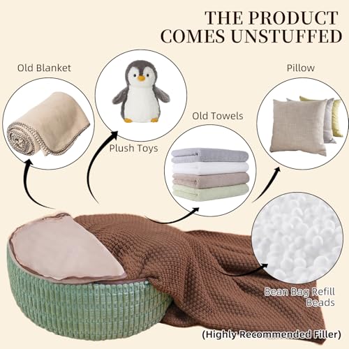 Round Unstuffed Pouf Ottoman Bean Bag Cover Pouf Foot Rest, Green | Cover Only, 20x20x8 In, Soft Short Plush, Ribbed Texture, Modern Style, Living Room, Bedroom, Reading Nook - color: Green