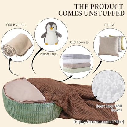 Round Unstuffed Pouf Ottoman Bean Bag Cover Pouf Foot Rest, Green | Cover Only, 20x20x8 In, Soft Short Plush, Ribbed Texture, Modern Style, Living Room, Bedroom, Reading Nook - color: Green