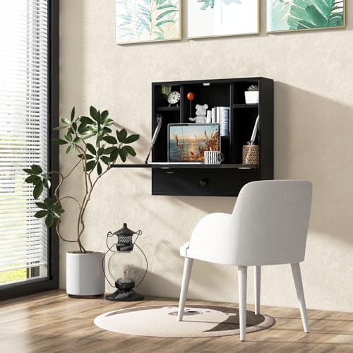 Tangkula Wall Mounted Desk, Folding Floating Wall Mount Laptop Desk, Space Saving Wall Mounted Table with Storage Drawer & Shelves (Black) - color: Black