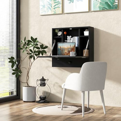 Tangkula Wall Mounted Desk, Folding Floating Wall Mount Laptop Desk, Space Saving Wall Mounted Table with Storage Drawer & Shelves (Black) - color: Black