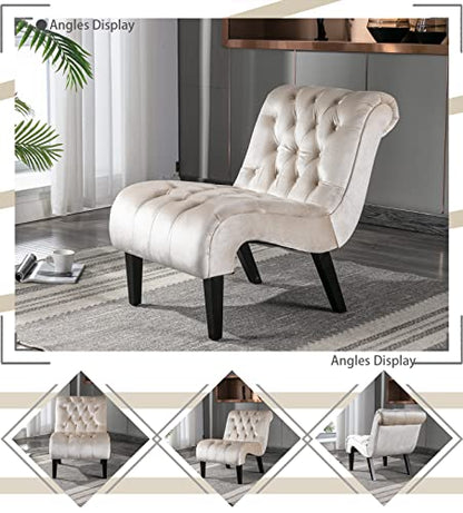 Comfy Velvet Accent Chair, Tufted Armless Side Chair with Rolled Edge | Modern Small Lounger for Living Room, Upholstered Reading Chaise Lounge with Solid Rubber Wood Legs, Beige - color: Beige, size: Set of 1