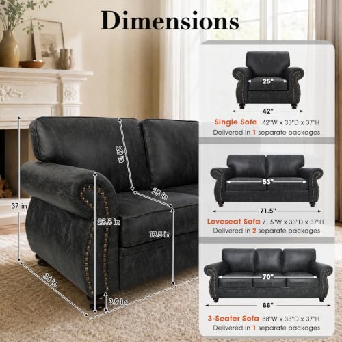 71" W Loveseat Sofa Couch, Faux Leather Fabric Sofas, Grey | Mid-Century Love Seat with Nailhead Trim, Upholstered Couch Set for Living Room Bedroom - color: Grey, size: S-2 seat