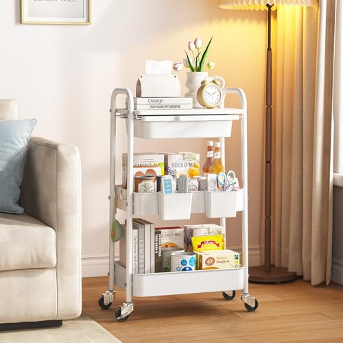KINGRACK 3 Tier Metal Rolling Cart with Drawer, White Utility Storage Cart | 2 Cups & 4 Hooks, Lockable Wheels, Trolley Organizer for Bathroom, Kitchen, Office, Nursery, Dorm, Laundry, Craft Room - color: White