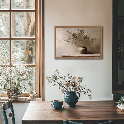 Framed for Living Room Rustic Olive Branch Still Life Wall Art Minimalist Botanical Plant Vase Painting, Rustic Farmhouse Neutral Still Life Print Picture for Living Room Bedroom Office 12x16in - color: Olive Branch, size: 12x16 Inches