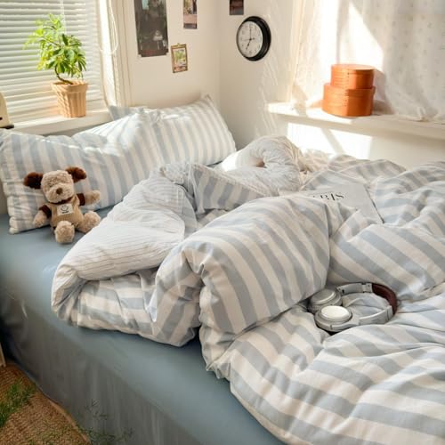 Striped Duvet Cover King Size Blue White Stripes Reversible Bedding Set Vertical Striped Duvet Cover Set Soft Lightweight Microfiber Quilt Cover with Zipper Closure and 2 Pillowcases - color: Blue White Striped, size: King(No Comforter)