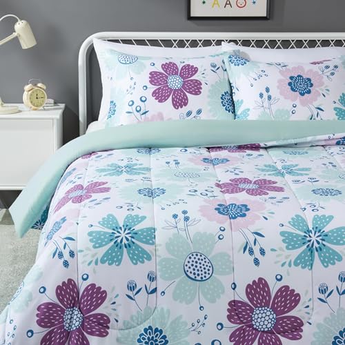 Amazon Basics 3-Piece Soft, Plush Microfiber Kids' Comforter and Pillow Sham Set, Full/Queen, Purple Flowers, Bluish Pink, Floral - color: Bluish Pink, size: Full/Queen