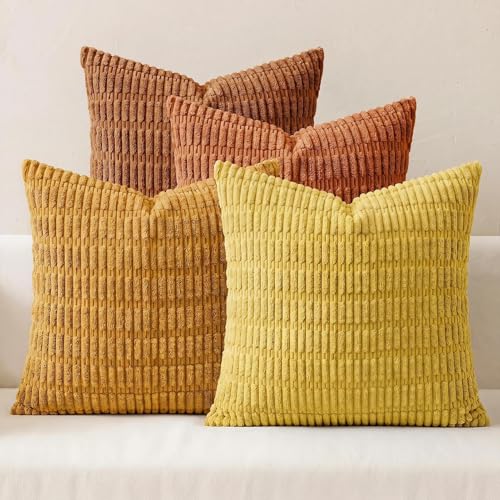 4 Pack Fall Corduroy Decorative Throw Pillow Covers 20x20 Inch, Orange/Rust | Soft Striped Farmhouse Boho Modern Autumn Home Decor Throw Pillow Covers for Couch Sofa Bedroom Living Room - color: Orange/Rust, size: 20" x 20" (Pack of 4)