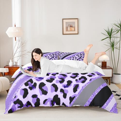 Leopard Print Kids Duvet Cover Set Twin Size,Abstract Cheetah Skin Fashion Bedding Set,Girls Boys Adults Room Decor,Geometric Stripes Patch Comforter Cover,Purple Romantic Quilt Cover,1 Pillowcase - color: A-leopard 05, size: Twin 68"x90"