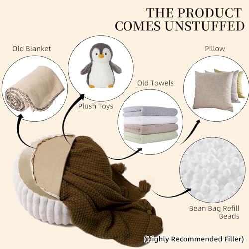 Round Unstuffed Pouf Ottoman Cover Soft Footstool, White | Cover Only, 20x20x8 In, Soft Short Plush, Ribbed Texture, Modern Style, Living Room, Bedroom, Reading Nook - color: White
