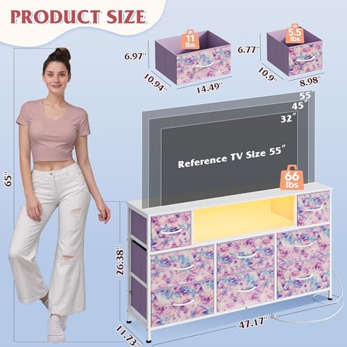 WLIVE LED Dresser TV Stand for 55 Inch TV, 8 Drawers, Tie-Dye | Fits TVs up to 55 inch, 8 fabric drawers, LED chest of drawers, Built-in power outlet, Living room or bedroom - color: Tie-dye Purple Print