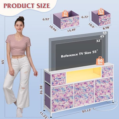 WLIVE LED Dresser TV Stand for 55 Inch TV, 8 Drawers, Tie-Dye | Fits TVs up to 55 inch, 8 fabric drawers, LED chest of drawers, Built-in power outlet, Living room or bedroom - color: Tie-dye Purple Print
