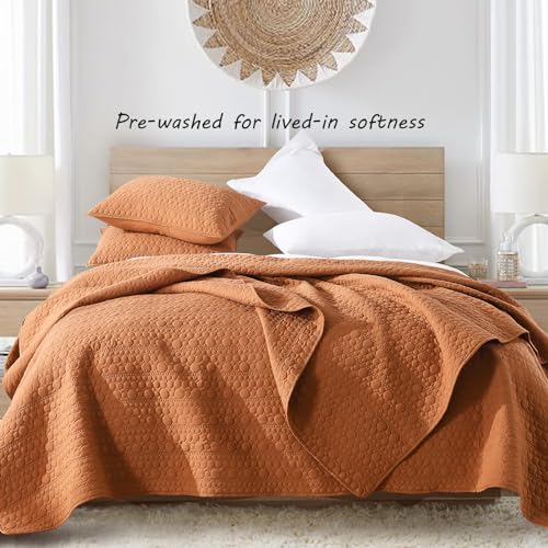 HORIMOTE HOME Quilt Set Queen Size Burnt Orange, Classic Geometric Spots Stitched Pattern, Pre-Washed Microfiber Chic Rustic Look, Ultra Soft Lightweight Quilted Bedspread for All Season, 3 Pieces - color: Burnt Orange, size: Full/Queen