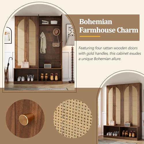 JIVOIT Bohemian Farmhouse Widen Hall Tree with 4 Rattan Doors, Versatile 4-In-1 Hall Tree, Mid-Century Entryway Shoe Cabinet with Adjustable Shelf and 6 Hooks, Seating Bench for Living Room - color: Walnut//53