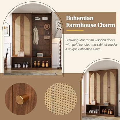 JIVOIT Bohemian Farmhouse Widen Hall Tree with 4 Rattan Doors, Versatile 4-In-1 Hall Tree, Mid-Century Entryway Shoe Cabinet with Adjustable Shelf and 6 Hooks, Seating Bench for Living Room - color: Walnut//53