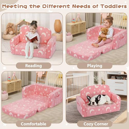 Foryoomi Extra Wide Kids Couch, Kids Sofa, Toddler Sofa, Glow in The Dark, 2-in-1 Soft Toddler Couch with Blanket and Pillow, Moon Style, Pink - color: Pink Moon