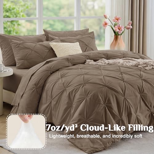 JOLLYVOGUE Twin Comforter Set 5 Pieces - Bed in a Bag Twin for All Season, Pintuck Bedding Comforter Sets with Comforter, Flat Sheet, Fitted Sheet and Pillowcases & Shams, Brown - color: Brown, size: Twin
