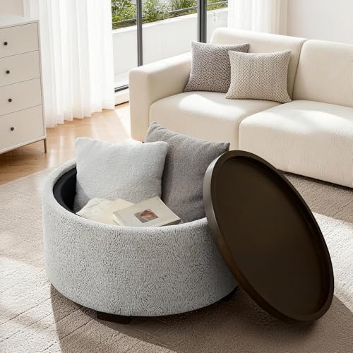 Zihanhome 30 Inch Round Storage Ottoman, Ottoman Coffee Table with Lift Off Lid, Boucle Modern Ottomans with Storage for Living Room, Bedroom, Apartments (White and Gray Striped) - color: White and Gray Striped