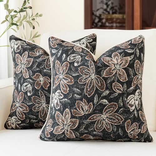 MATTINS 18x18 Vintage Floral Patterned Throw Pillow Covers, Black, 2PC | Farmhouse Decorative Pillow Covers, Country Botanical Jacquard Design, Cottage Boho Accent for Sofa, Bed, and Living Room - color: Charcoal Black, size: 18" x 18" (Pack of 2)