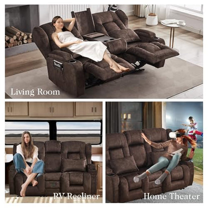 Loveseat Recliner Sofa,RV Wall Hugger Recliners with Flip-up Console,Reclining Loveseat Sofa Recliner with Cup Holders/Lumbar Pillows for Small Spaces,RV Furniture (Chestnut,68" 2-Seater) - color: Chestnut, size: 68" 2-Seater