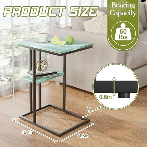C Shaped End Side Table, Couch Sofa Table for Small Space, Snack Table with Metal Frame, TV Tray Table for Bed, Living Room, Bedroom, Bedside(Sea Blue) - color: Sea Blue+black