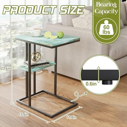 C Shaped End Side Table, Couch Sofa Table for Small Space, Snack Table with Metal Frame, TV Tray Table for Bed, Living Room, Bedroom, Bedside(Sea Blue) - color: Sea Blue+black