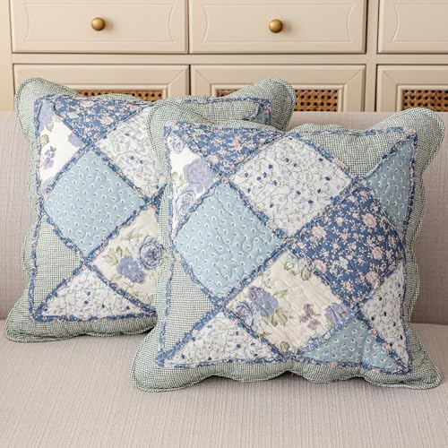 vctops Set of 2 Quilted 100% Cotton Boho Throw Pillow Covers 18" x 18" Farmhouse Country Floral Patchwork Decorative Cushion Cover, Patchwork Flower F - color: Patchwork Flower F