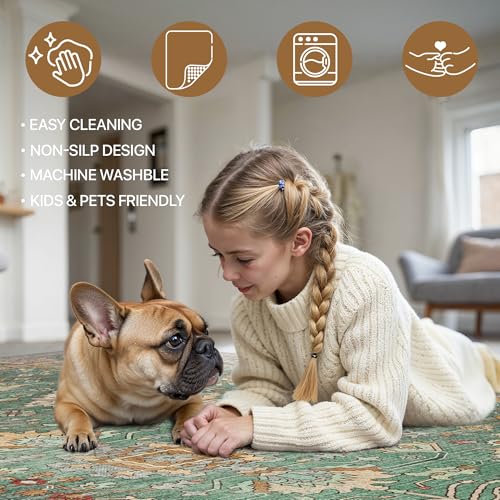 2x5 Hallway Runner Rugs Non Slip Washable Runner for Entryway Bathroom Kitchen Bedroom, Boho Green Runner, Thin Low Pile Chenille Carpet with Rubber Backing, Dark Sage/Gold - color: Sage/Gold, size: 2' x 5' (Rectangular)