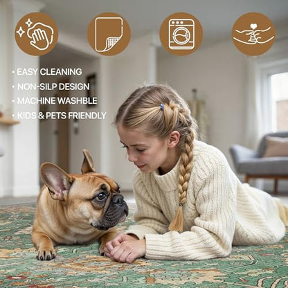 2x5 Hallway Runner Rugs Non Slip Washable Runner for Entryway Bathroom Kitchen Bedroom, Boho Green Runner, Thin Low Pile Chenille Carpet with Rubber Backing, Dark Sage/Gold - color: Sage/Gold, size: 2' x 5' (Rectangular)