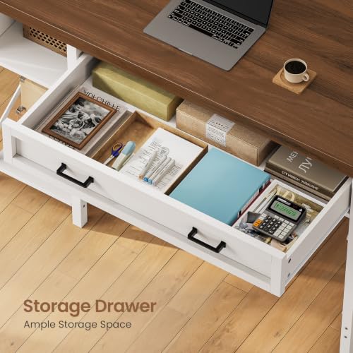 SEDETA Farmhouse Small Desk with Drawers, 40" Computer Desk with Storage Shelves, White Writing Desk for Small Space and Power Outlet, Desk for Bedroom, Home Office - color: White