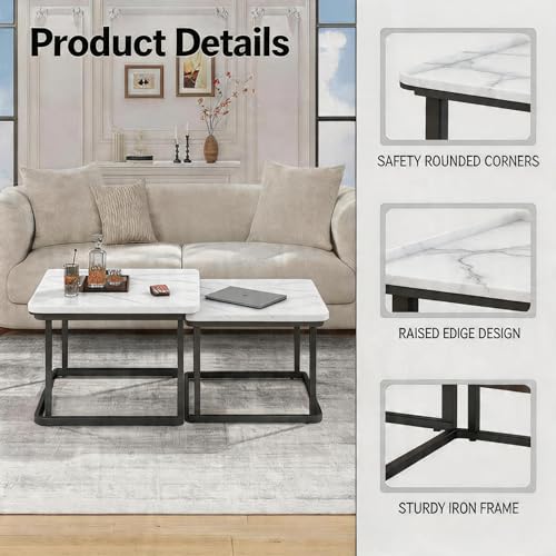 Nesting Coffee Table Set of 2 – Square Small Coffee Tables for Living Room, Bedroom, Balcony, Versatile End Table Set,Space Saving Mid Century Modern Nesting Coffee Tables Stackable, - color: White